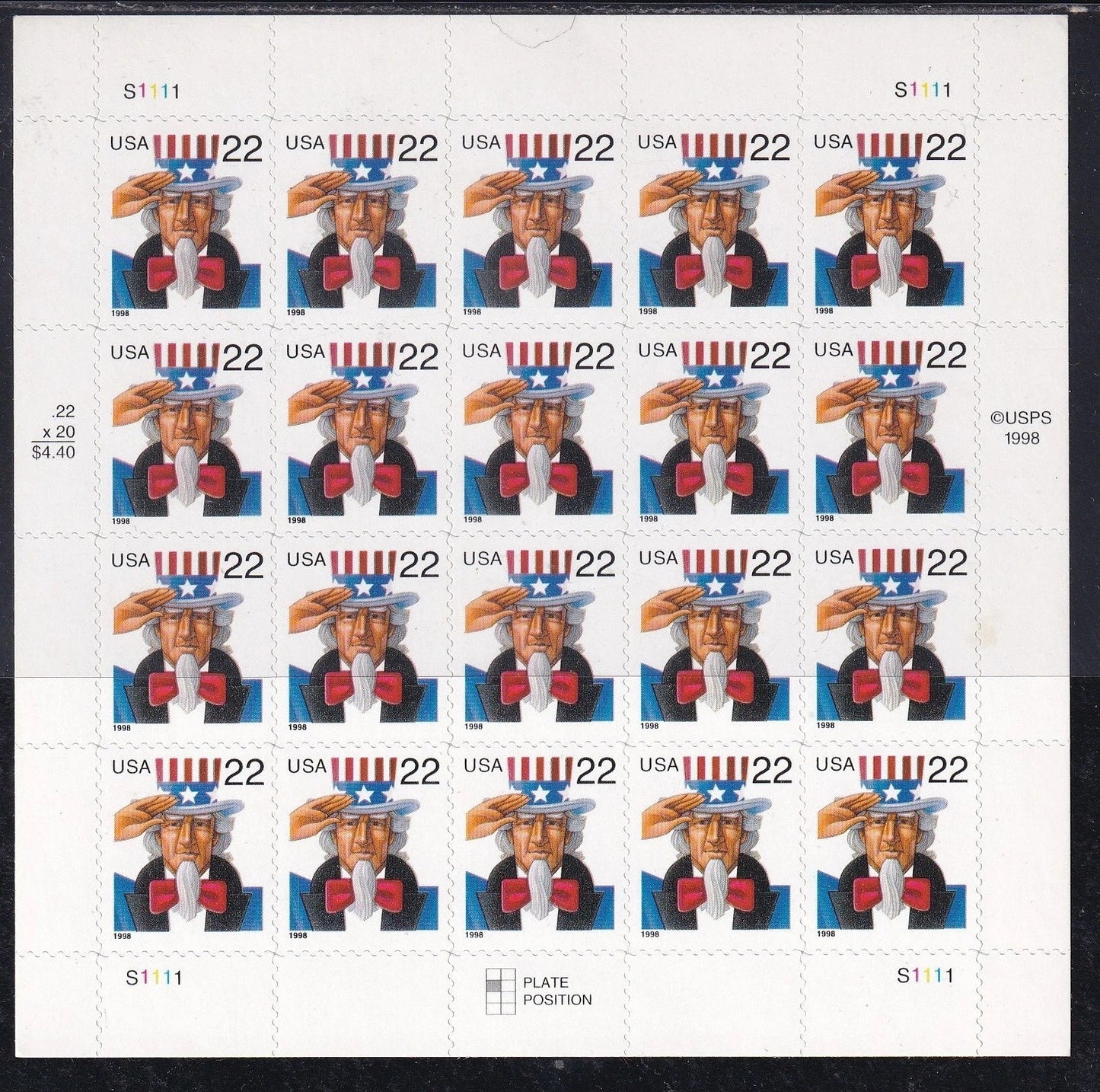 NOT Forever Stamp-22¢ Stamps 1998 Uncle Sam – Patriotic Symbol, First-Class Postage